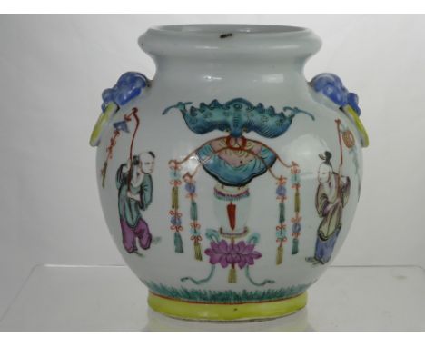 A Chinese Porcelain Pot depicting figures waving decorated tasseled wands and a Chinese lantern design, character marks to ba