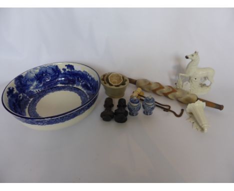 Miscellaneous Items, including two bone handled boot hooks, three miniature jelly moulds, antique rolling pin of unusual desi