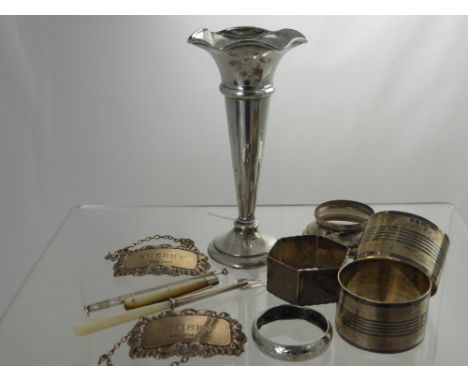 Miscellaneous Silver, including liquor labels for Sherry and Whisky, pickle fork, pen knife, swizzle stick, three napkin ring