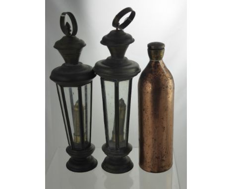 A Pair of Glass and Brass Lanterns, approx 36 cms high together with a copper flask with screw top, a metal Salter 100lb by 1