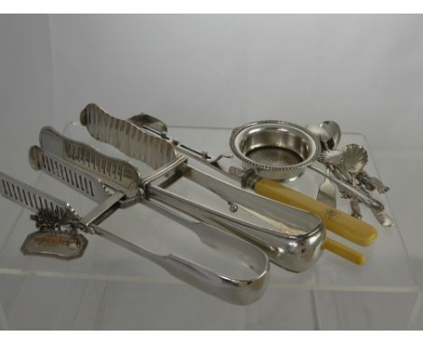 A Collection of Miscellaneous Silver Plate, including cake tongs, Stilton scoop, sherry ladle, two Continental silver city sp