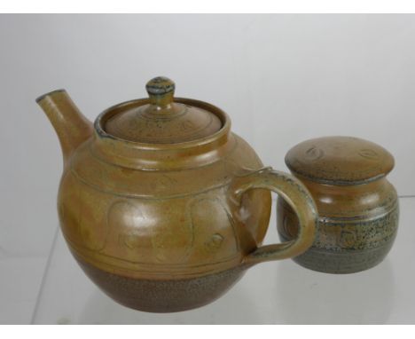 Winchcombe Pottery Studio Tea Pot and Sugar Bowl, with impressed pottery seal.