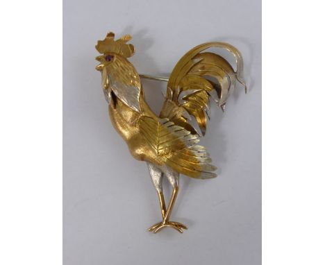 A Bespoke 18 ct Yellow and White Gold Cockerel Brooch, the brooch hand crafted and having ruby eye, mm TAD, approx 5 x 3.5 cm