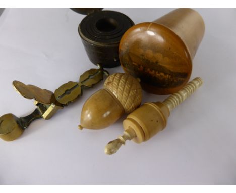 A Treen Ware Box depicting Burn's Cottage, together with an antique set of weights and a brass Harrison sovereign scale, tree