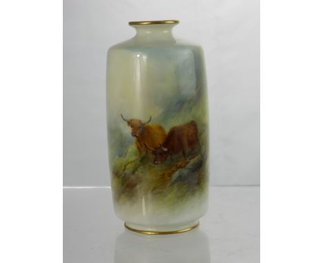 J. Stinton Royal Worcester Vase, hand painted cylindrical vase, depicting Highland cattle having a gilded neck and base, nr 2