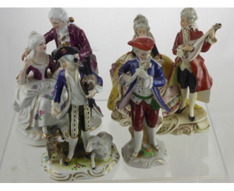 A Collection of Continental Porcelain Figurines, depicting a Huntsman and Flautist, approx 18 cms, with marks to base togethe