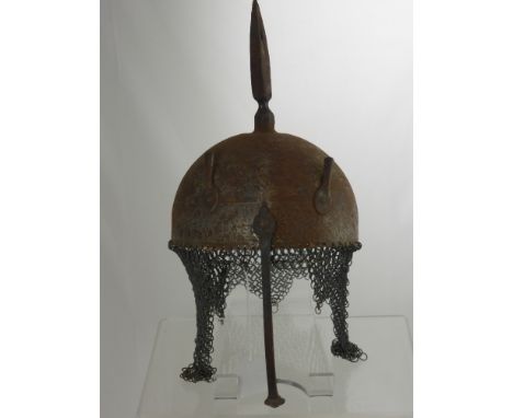 A Persian "Khula Khud" Helmet, with chain mail, neck protector and nose guard and twin plume holders.
