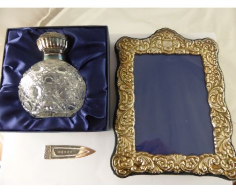 Silver Topped Cut Glass Perfume Bottle, Sheffield hallmark, m.m R C together with a silver Scottish silver book mark, mm RC a