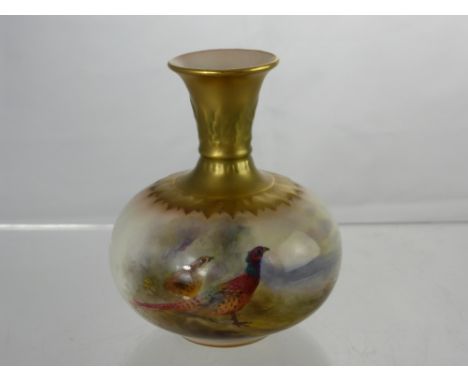 J.A Stinton Royal Worcester Vase, hand painted with pheasants, having a gilded neck and base, nr F110 to base. 