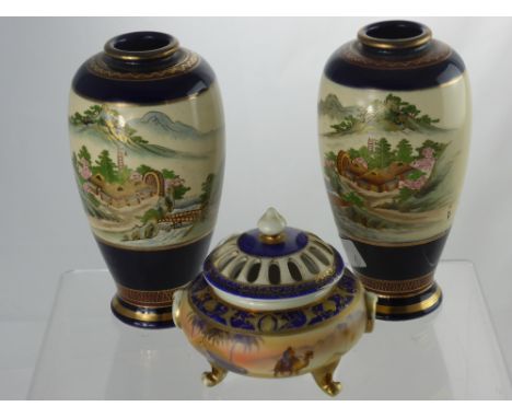 A Pair of Hand Painted Castle China Satsuma Vases. The Vases depcting countryside watermill scenes, approx 19 cms, together w