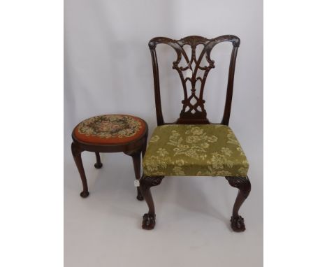 A Single 'Chippendale Style' Dining Chair, together with a mahogany stool with tapestry seat. 