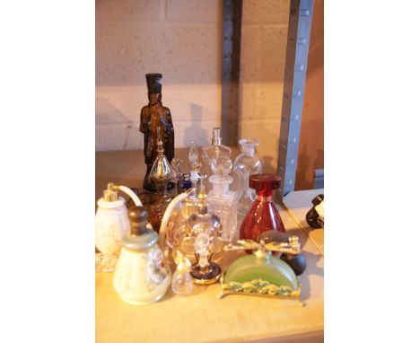 Shelf of mixed glass perfume bottles. Not available for in-house P&amp;P. 