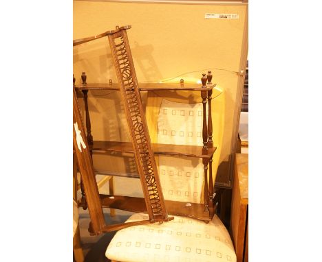 Walnut open plate shelf with pierced fretwork (some damage) and a two tier wall mounting wall mounting display shelf. Not ava