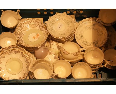 Box of various pattern ceramics including cups, saucers, plates etc. Box is not included. Not available for in-house P&amp;P.