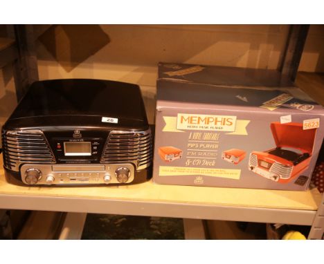 Black GPO Memphis retro music centre - 3 speed turntable: 33/45/78; MP3/USB player; FM radio with remote control (boxed). Not