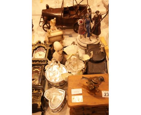 Selection of musical jewellery boxes, vintage metal car and ceramic figurines. Not available for in-house P&amp;P. 