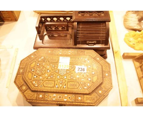 Octagonal mother of pearl inlaid lidded box plus a desk top jewellery box. Not available for in-house P&amp;P. 