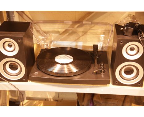 GPO Piccadilly Retro 3-speed turntable with perspex lid and external speakers; bluetooth receiver, with PSU &amp; speaker cab