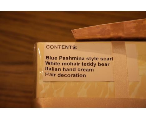 Deans white mohair bear/gift box with blue pashmina style scarf, Italian hand cream, hair decoration unopened/unused. P&amp;P
