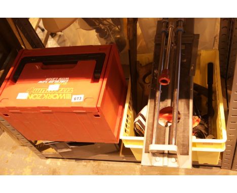 Three boxes of tools including a tile cutter. Not available for in-house P&amp;P. 