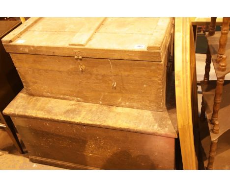 Old lidded wooden box containing vintage carpenters tools and a large wooden lidded toolbox with drawers to the inner. Not av