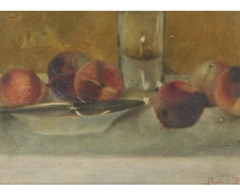 R Biontes(?) (19thC/20thC). Fruit still life, oil on board, indistinctly signed and dated, 22cm x 31cm.