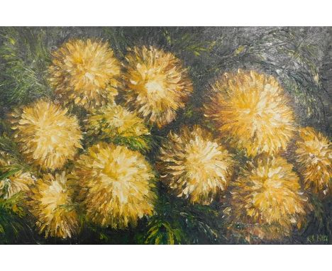 R S Pitts (20thC). Floral study, oil on board, signed, 49cm x 74.5cm.Artist label verso.