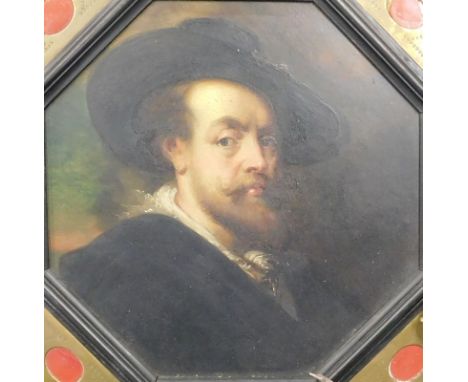 F Flor (19thC/20thC). After Peter Paul Rubens, portrait of the artist, oil on board, signed and titled verso, 21cm x 21cm.