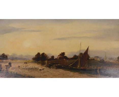 Peter De Wint (1784-1849). A river landscape with sheep and figures on a road, shipping at anchor and a village beyond, oil o