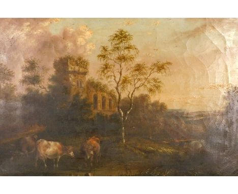 19thC British School. Cattle at water edge, castle ruin landscape, oil on canvas, 29.5cm x 44.5cm.