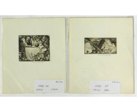 Frank William Brangwyn (1867-1956).  Figure at the table, artist signed etching, 22cm x 19cm, and another landscape (2).