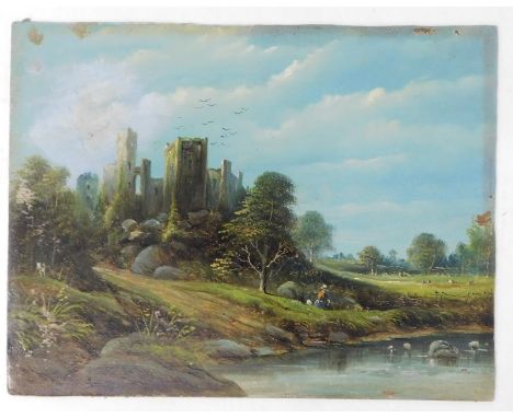 19thC School. River landscape, ruin castle, oil on board, 23cm x 30.5cm.