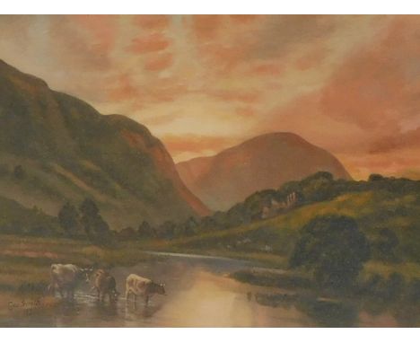 George Smith (19thC/20thC). Cattle at water's edge - mountain landscape, oil on canvas, signed and dated 1930, 30cm x 39.5cm.