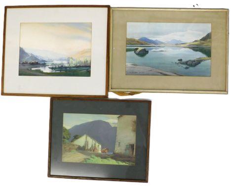 William Heaton-Cooper (1903-1995). River landscape, watercolour, signed, 28cm x 38cm, with two coloured prints (3).