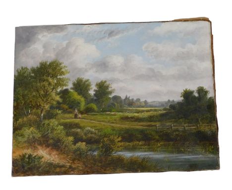 19thC School. Mother and daughter in river landscape, oil on canvas, indistinctly signed and dated 1885, 45.5cm x 60.5cm.