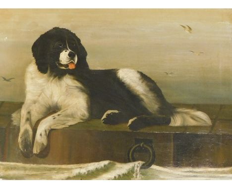 19thC British School. Portrait of a dog, seascape background, oil on canvas, 50cm x 67cm.
