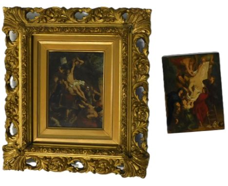19thC/20thC. The Deposition of Christ, oil on panel, 15cm x 10.5cm and another, overpainted print (2).