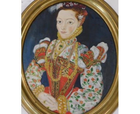 20thC School. Half length portrait of an Elizabethan lady, oil on board, 21.5cm x 17.5cm.