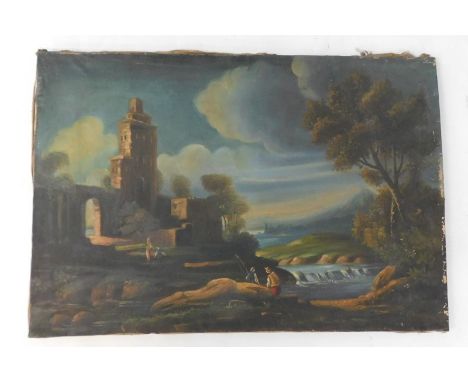 David W? (19thC). Figures in river landscape, oil on canvas, indistinctly signed, 49cm x 73.5cm.