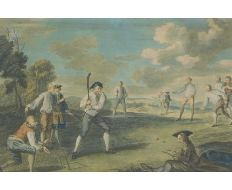 After Francis Hayman (c.1708-1776). Playing at cricket (engraved after the original at Vauxhall Gardens), hand coloured engra
