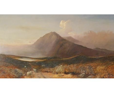 19thC. Sheep in mountain landscape, oil on canvas, 75cm x 125cm.