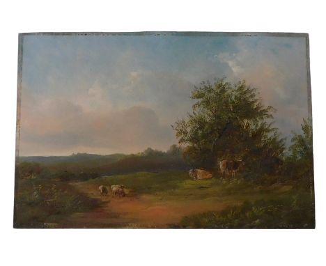19thC British School. Cattle and sheep in landscape, oil on board, 30.5cm x 45.5cm.