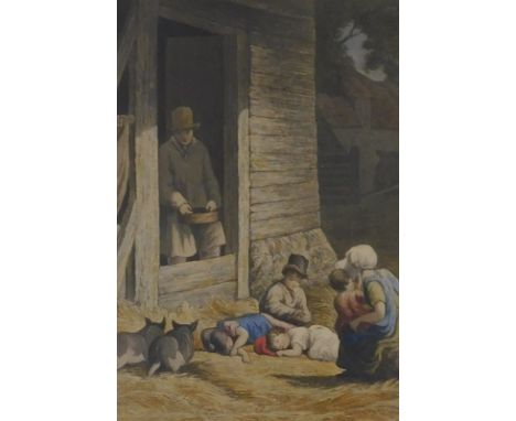 19thC coloured print. Family in farmyard, 14.5cm x 10cm.
