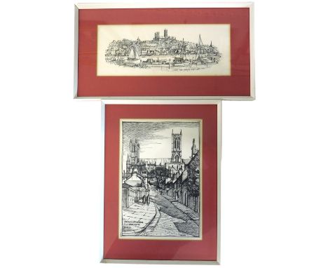 John Danby Wheeldon (1914-2008). Lincoln Cathedral from Danesgate, monochrome print, 29cm x 20cm, and another, Lincoln from B