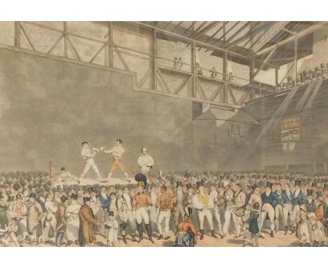 Charles Turner. After T Blake (active 1818-1831). The interior of the Fives Court (with Randall &amp; Turner sparring), colou
