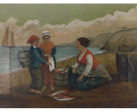19thC/20thC School. Fisherfolk, coastal landscape, oil on canvas, indistinctly signed, 22cm x 30cm.