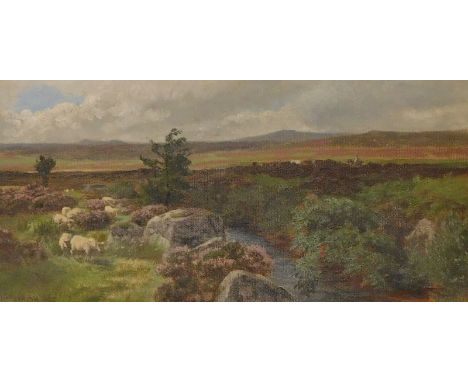 William Snell Morrish (1844-1917). Sheep in heather landscape, oil on canvas, signed and dated (18)88, 19.5cm x 42cm.