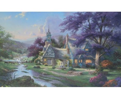 Thomas Kinkade. Clock Tower Cottage Steams of Time I, artist signed limited edition coloured print, 35/790, 44.5cm x 67cm, wi