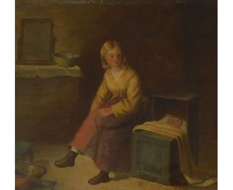 19thC British School. Young maid by the cot, oil on canvas, 29cm x 34cm.