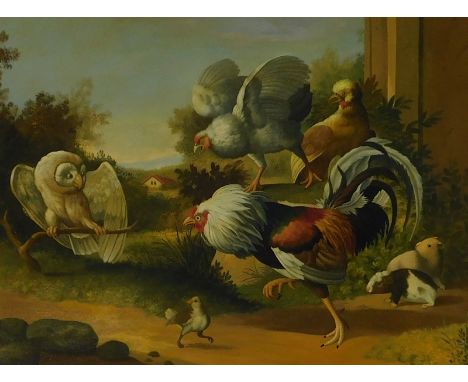 M E (20thC).  Owl and cockerel, oil on panel, initialled, 24.5cm x 32.5cm.